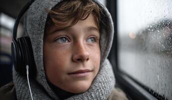 Penisve Boy on a Rainy Day A Contemplative Portrait of Youth, Listening to Music on a Journey Through Urban Life. The image captur photo