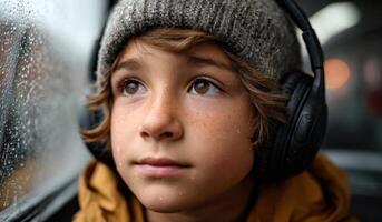 Penisve Boy Listening to Music on Headphones by a Rainy Window A Contemplative Portrait of Youth photo