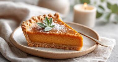 A slice of pumpkin pie, a delectable autumn dessert, perfect for Thanksgiving or any cozy occasion. The warm spices and creamy tex photo