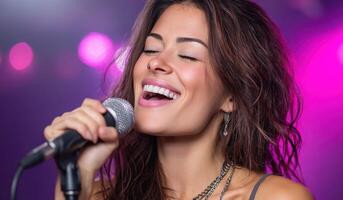 A captivating singers performance on stage, illuminated by vibrant lights. Her passionate singing fills the concert hall with emot photo