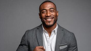 Portrait of a Happy and Successful African American Businessman. A Confident Male Model in a Stylish Suit, Smiling Cheerfully. P photo