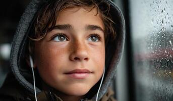 Penisve Boy Gazing Through Rainy Window A Portrait of Youthful Contemplation and Introspection photo