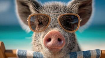 A pig wearing sunglasses relaxes on a sunny beach, enjoying a summer vacation. The ultimate symbol of carefree relaxation and trop photo