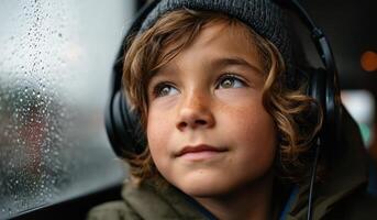 A Pensive Young Boy Listening to Music on a Rainy Day, Gazing Out the Window of a Moving Vehicle. A Captivating Portrait of Youthf photo