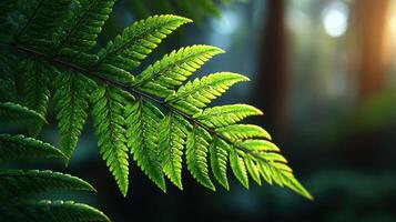 Lush Green Fern Leaf in Sunlight A View of Natures Intricate Detail. The vibrant green hues and delicate texture of the fern fron photo