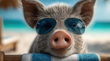A Cool Pig Relaxing on the Beach Summer Vacation Vibes, Happy Pig in Sunglasses, Tropical Getaway, Fun in the Sun, Cute Animal Por photo