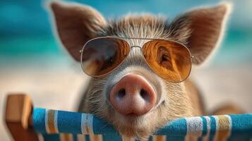 A Cool Pig in Sunglasses Relaxing on a Tropical Beach Summer Vacation, Happy Animal, Cute and Funny Image photo