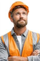 Portrait of a Construction Worker A pensive construction worker in a hardhat and safety vest, looking thoughtfully upward. The ima photo