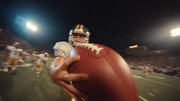 Gridiron Glory A Thrilling Night Football Game Under the Stadium Lights. The American Football Players Intense Focus and Determina photo