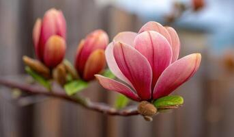Stunning of a Pink Magnolia Flower in Full Bloom. Captivating Springtime Nature Photography showcasing the intricate details of p photo