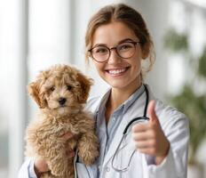 Adorable Puppy and Veterinarian Pet Care and Wellness. Happy dog with a smiling vet showing thumbs up. Veterinary clinic, pet heal photo