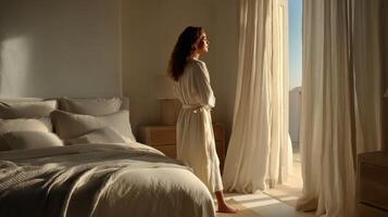Woman in a white robe enjoying the morning sunlight in a serene bedroom. The image evokes feelings of peace, relaxation, and luxur photo