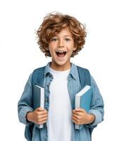 Portrait of a Happy Schoolboy with Backpack and Books. Excited Young Student Ready for Class. Education, Learning, and Childhood C photo