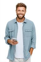Happy Smiling Man Holding Phone, Casual Portrait, Studio Shot, Lifestyle, Technology, Communication, Positive, Content, Cheerful photo