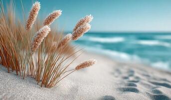 Serene Coastal Landscape Beach Grass and Azure Ocean. A picturesque view of tranquil beach scene, featuring beach grass swaying ge photo