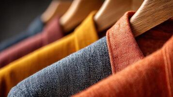 view of various textured fabrics hanging on wooden hangers, showcasing rich colors and patterns. Perfect for fashion blogs, magazi photo