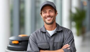 Portrait of a smiling, happy male worker. Hes wearing a grey uniform and cap, conveying professionalism and confidence in his job photo
