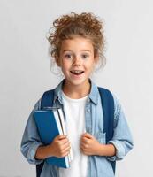 Portrait of a Happy Schoolgirl with Books and Backpack, Ready for Learning and Education photo