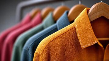 view of colorful shirts hanging on wooden hangers in a clothing store, showcasing various colors and textures of fabrics. High qua photo