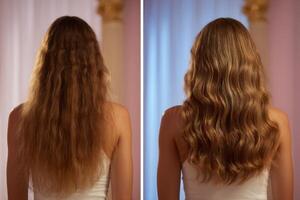 Dramatic Hair Transformation Before After of a Stunning Hairstyle Makeover. See how to achieve luscious waves and glossy shine wi photo