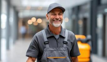 Portrait of a smiling, mature male worker in a grey uniform and cap. He appears happy and professional, possibly an engineer or te photo