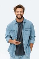 A handsome smiling man in a casual denim shirt holds his phone. He exudes happiness and confidence in this modern lifestyle portr photo