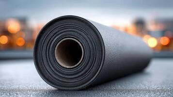 view of a roll of dark roofing material. Perfect for construction, industrial, and building projects. High quality, waterproof me photo