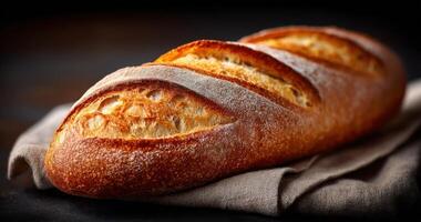 A Crusty Loaf of Bread A Culinary Delight. This image showcases the beauty of freshly baked bread, with its golden crust and invit photo