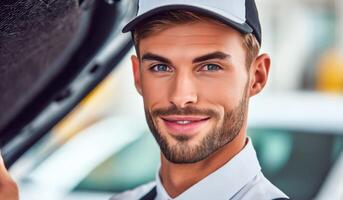 Portrait of a Handsome Mechanic Automotive Repair Service and Maintenance. A Confident and Skilled Professional in the Vehicle Ind photo