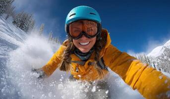 Thrilling Snowboarding Adventure A Womans exhilarating ride through fresh powder snow on a sunny winter day in the mountains. Pure photo