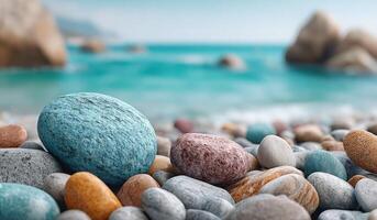 Stunning ocean coast landscape Colorful smooth stones on a tranquil beach. Perfect summer vacation image, ideal for travel blogs, photo