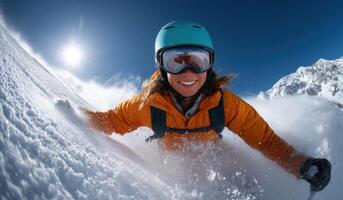 The Thrilling Descent A Skiers Dance Through Powdery Snow on Majestic Mountains. An exhilarating winter adventure capturing the sp photo