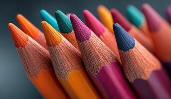 view of a vibrant collection of colored pencils, showcasing their rich hues and textures. Perfect for art, design, and creative pr photo