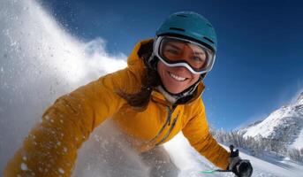 Thrilling Snowboarding Adventure A Female Athlete Smiles While Enjoying the Fresh Powder in Majestic Mountains. Experience the Exh photo