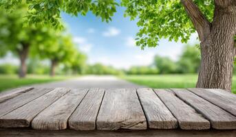 Serene Landscape Wooden Table Overlooking a Picturesque Park Path. A perfect image for travel blogs, nature websites, or anyone se photo