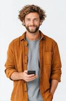 Portrait of a smiling man in a corduroy shirt, holding a phone. He exudes happiness and confidence, representing a modern and rel photo