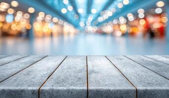 Empty Wooden Table with Blurred Shopping Mall Background Perfect for Product Displays and Advertising photo