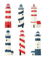 Set of icons of six lighthouses with towers. Guiding, coastal lighthouses. Architecture. vector