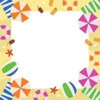 Frame with beach, umbrellas, towels and other elements. Top view. Space for text. Summer vacation. vector