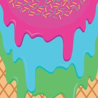 In the background is melting ice cream with sprinkles and a waffle cone. Menu background. vector