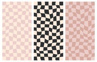 Groovy hippie 70s backgrounds. Checkerboard, chessboard, mesh, waves pattern. Twisted and distorted texture in trendy retro psychedelic Y2k style. Flat illustration vector