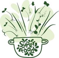 Illustration of a bowl or pot outline with the word Super food written on it, with microgreen sprouts growing from it. Green spots around it. vector