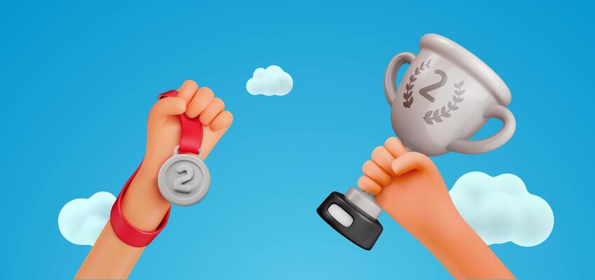 Winner Hands Holding Silver Trophy and Medal on Blue Sky Background, Celebrating Second Place Victory and Achievement. 3D Cartoon Style. Illustration