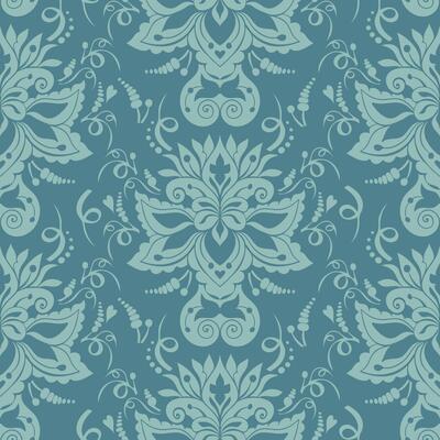 Seamless Blue Damask Pattern with Floral Ornaments