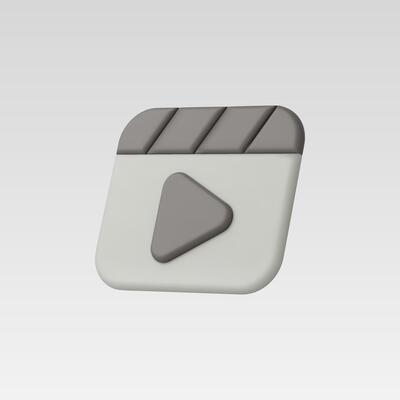 3D render of a play button icon, gray and white, isolated on white background