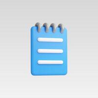 3D render of a blue notepad icon with white lines and grey spiral binding. Clean and simple design. vector