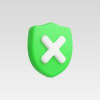 Green shield icon with white X, 3D rendering vector