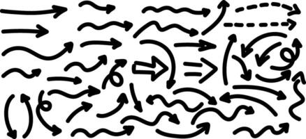 Set of black hand drawn grunge doodle spiral and curved charcoal, chalk arrows on white background. Scribble symbols of direction pointers, vector