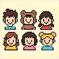 Pixel children avatars with playful expressions in colorful retro style on white square background vector