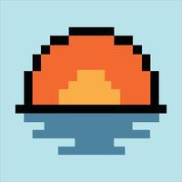 Retro 8-bit sunset icon on soft sky blue pixel background vector